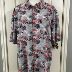 Kingston Grange Bamboo Button Up Shirt Mens 2XL Red & White Palm Print On Gray